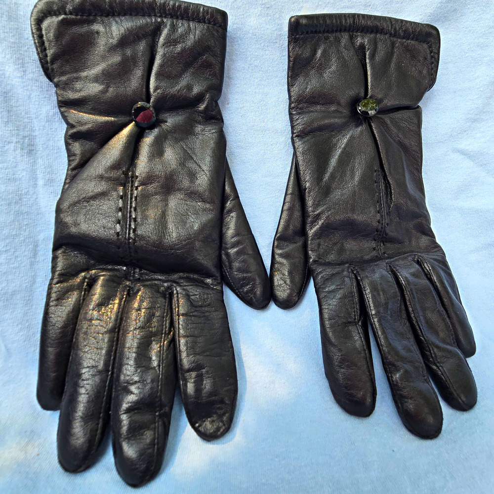 Vintage Grandoe Black Leather Gloves Women L 8 Rabbit Fur Lined Button Accent